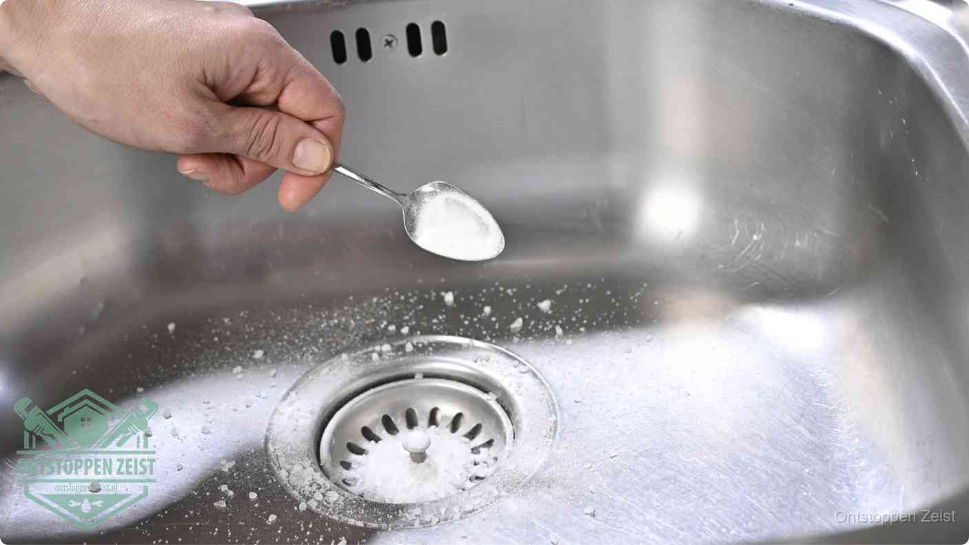 Een hand strooit met een lepel soda in de afvoer van een roestvrijstalen spoelbak, de soda en azijn huismiddel-methode om de afvoer te ontstoppen in Zeist
