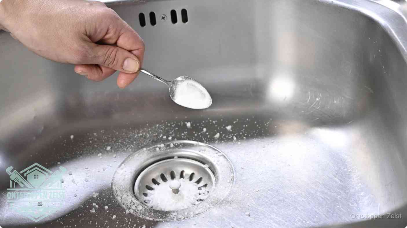 Een hand strooit met een lepel soda in het afvoerputje van een rvs spoelbak, de soda en azijn huismiddel-methode in Zeist Een hand strooit met een lepel soda in het afvoerputje van een rvs spoelbak, de soda en azijn huismiddel-methode in Zeist