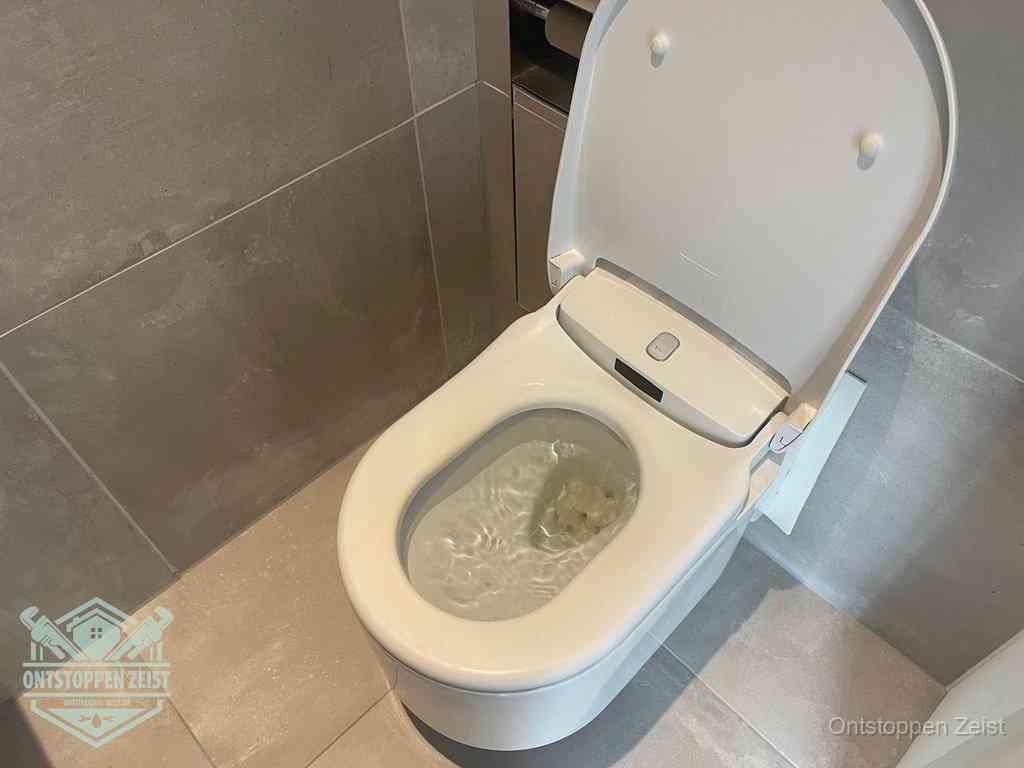 Een toiletpot vol troebel water met drijvend papier en restanten, de meest voorkomende oorzaak van een verstopte wc in Zeist Een toiletpot vol troebel water met drijvend papier en restanten, de meest voorkomende oorzaak van een verstopte wc in Zeist