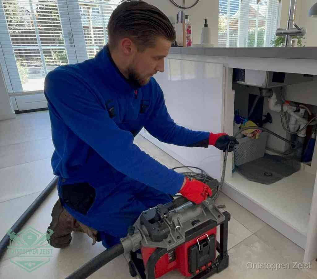 Een monteur met rode handschoenen knielt in een keuken en voert een elektrische ontstoppingsveer in tijdens het professioneel afvoer ontstoppen in Zeist