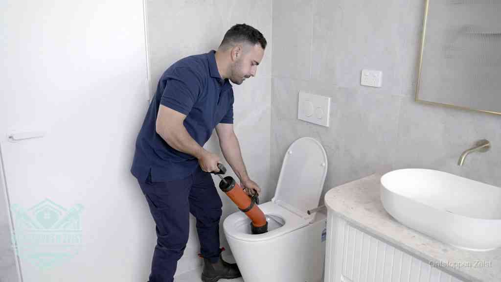Een monteur gebruikt een handmatige perspomp (toiletontstopper) op een wandcloset tijdens het professioneel wc ontstoppen in Zeist Een monteur gebruikt een handmatige perspomp (toiletontstopper) op een wandcloset tijdens het professioneel wc ontstoppen in Zeist