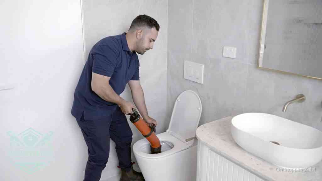 Een man gebruikt een handmatige luchtdruk-ontstopper in een modern betegeld toilet om zelf de wc te ontstoppen in Zeist Een man gebruikt een handmatige luchtdruk-ontstopper in een modern betegeld toilet om zelf de wc te ontstoppen in Zeist